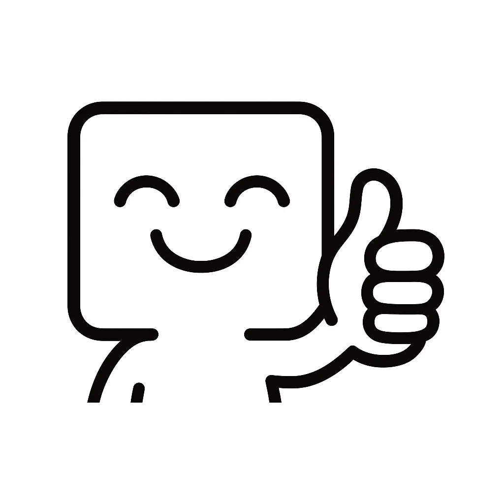 いいね顔文字のミニマルイラスト｜親指を立てたジェスチャーで好意や賛成を伝える「いいね顔文字」をモノクロで表現したミニマルイラストです。手のポーズとにっこり笑顔がポイントで、カジュアルなリアクションにも最適。アスキーアート「b(・∀・)d」「(👍≖‿‿≖)👍」の雰囲気を簡潔に再現しています。
