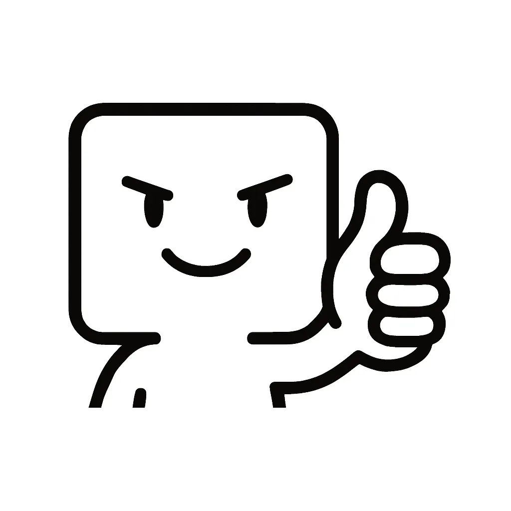 グッ顔文字のミニマルイラスト｜力強く親指を立てた「グッ顔文字」をモチーフにしたミニマルイラストです。真っ直ぐな目線と満足げな表情が特徴で、称賛や合意の場面で使いやすいデザイン。アスキーアート「(๑•̀ㅂ•́)و✧」「( •̀∀•́ )b」などを元に再構成しています。