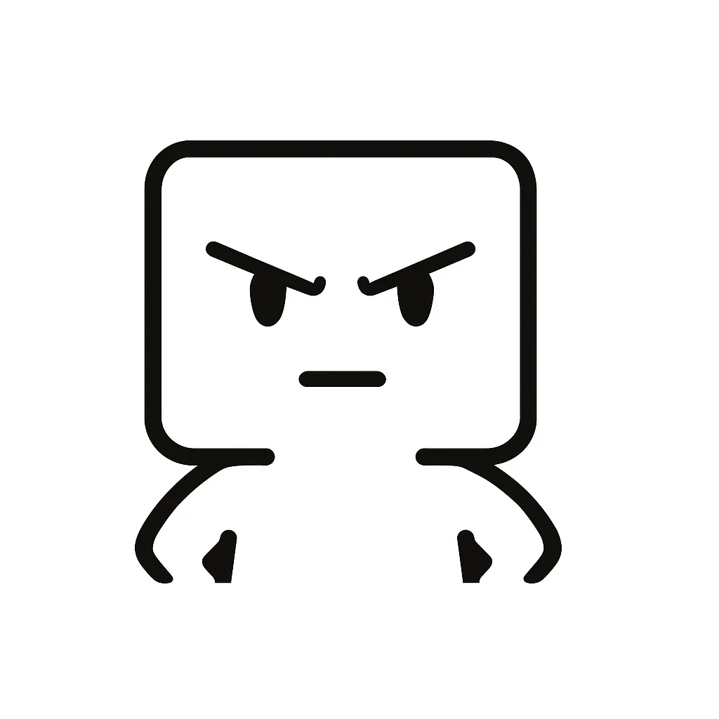 キリッ顔文字のミニマルイラスト｜鋭く引き締まった表情を表す「キリッ顔文字」をテーマにしたモノクロのミニマルイラストです。細くとがった目元や無駄のない口元が特徴で、真面目さや決意を感じさせます。アスキーアート「(｀・ω・´)」「( •̀_•́ )」の凛々しさを洗練して表現しました。