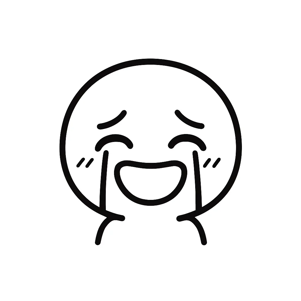 嬉し泣き顔文字のミニマルイラスト｜喜びがあふれて涙する「嬉し泣き顔文字」をモノクロで表現したミニマルイラストです。笑顔と涙が共存した表情が特徴で、感動や報われた気持ちが伝わります。アスキーアート「｡ﾟ(ﾟ＾ω＾ﾟ)ﾟ｡」「(T▽T)」の優しさをシンプルに再構成しています。