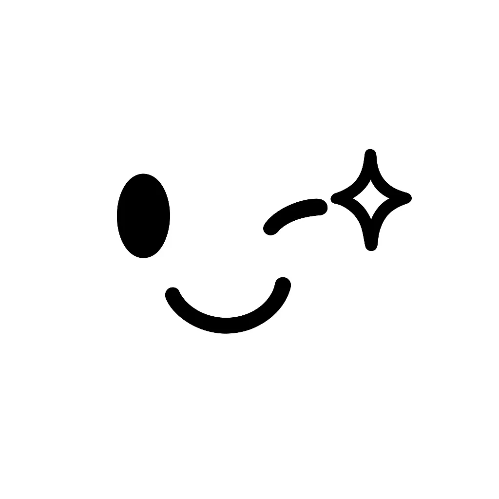 ウインク顔文字のミニマルイラスト｜片目をつむった表情が印象的な「ウインク」顔文字のモノクロミニマルイラストです。表情の動きが伝わるシンプルな線で構成され、親しみや軽快さを感じさせます。白背景に黒一色の構図で、スタンプやデジタル素材に最適です。アスキーアート「(^_−)−☆」をもとにしたデザインです。