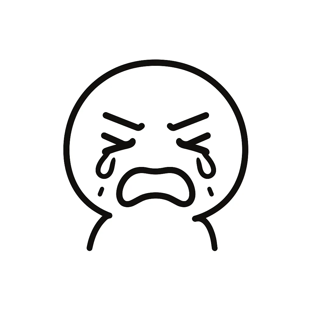 悔しい顔文字のミニマルイラスト｜くやしさを噛みしめるような「悔しい顔文字」をモチーフにしたミニマルイラストです。歯を食いしばったような口元と涙をこらえる目線が印象的で、努力や葛藤をにじませます。アスキーアート「(；ω；｀)」「(｀；ω；´)」をシンプルに表現しています。