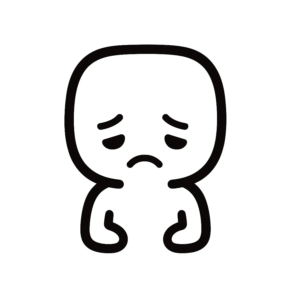 しゅん顔文字のミニマルイラスト｜しょんぼり落ち込んだ「しゅん顔文字」をテーマにしたミニマルイラストです。うつむきがちな目と口、すぼめた体の印象が特徴で、元気のなさをシンプルに表現。アスキーアート「( ´･ω･`)」「(´・＿・`)」のような空気感を取り入れています。