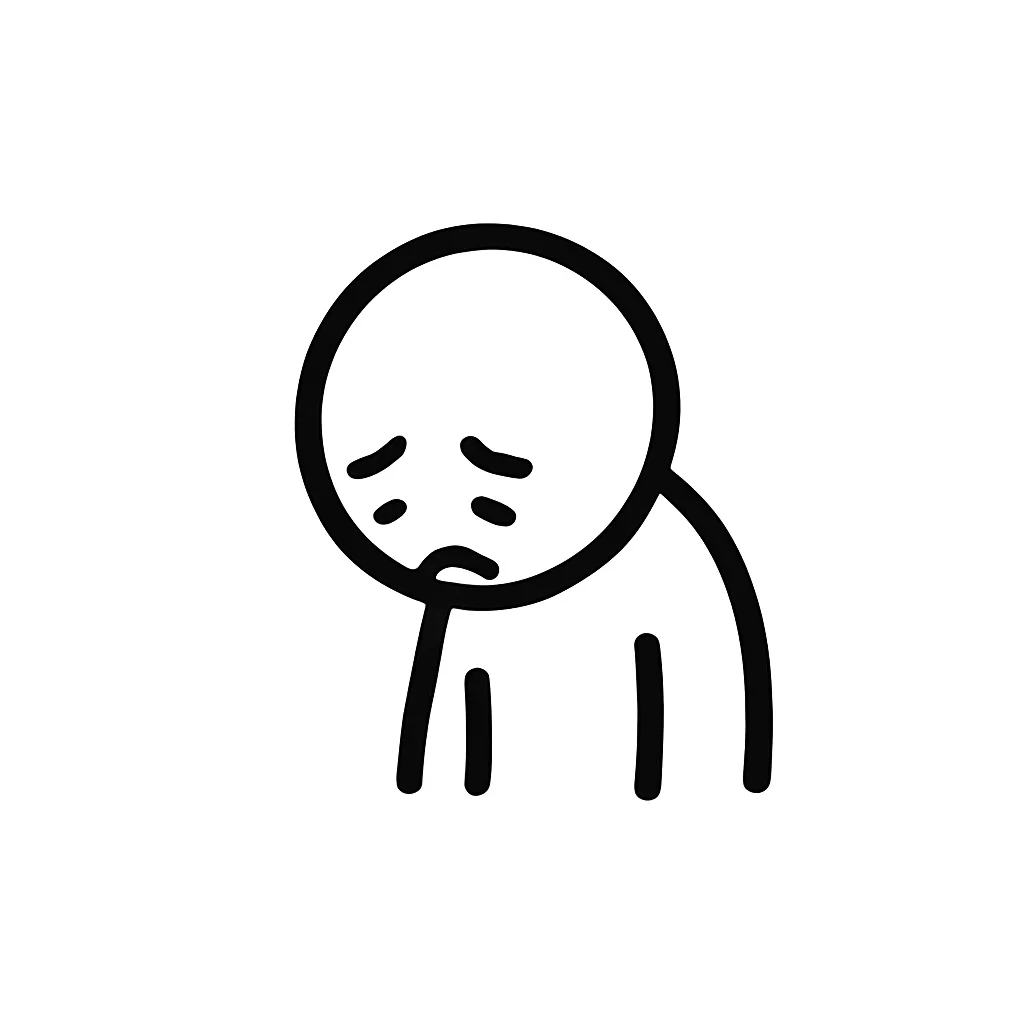 しょぼん顔文字のミニマルイラスト｜無言の切なさを表現する「しょぼん顔文字」をモノクロで描いたミニマルイラストです。わずかに傾いた目や小さな口で、力なく項垂れる印象を与えます。アスキーアート「(´・ω・`)」や「(._.)」のしょぼんとした雰囲気を再構成しています。
