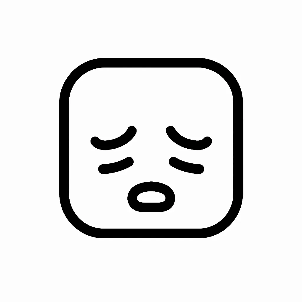 疲れた顔文字のミニマルイラスト｜力が抜けたような「疲れた顔文字」をモチーフにしたミニマルイラストです。しょんぼりと垂れた目や小さく開いた口が、体力や気力の限界を感じさせます。アスキーアート「(×_×)」「( ´△｀)」の表情をシンプルに再構成しました。