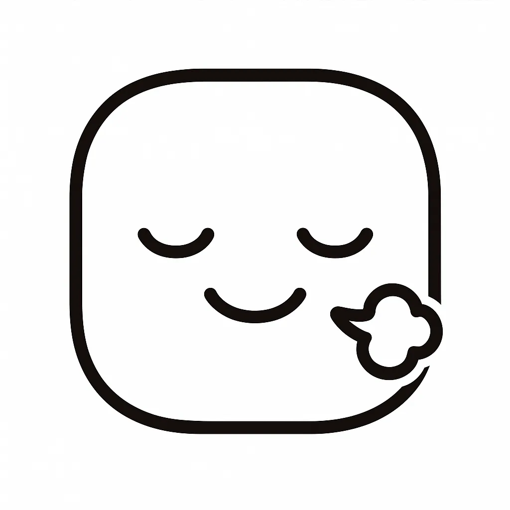 ほっ顔文字のミニマルイラスト｜緊張や不安が解けて安心した「ほっ顔文字」をテーマにしたミニマルイラストです。にっこりとゆるんだ目元と安堵の口元が特徴で、落ち着いた雰囲気に癒されます。アスキーアート「(´▽｀) ﾎｯ」「(*´-｀*)」の柔らかさを再構成しています。