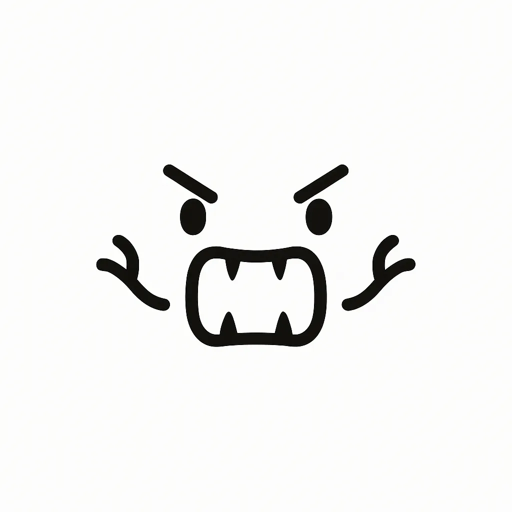 ガオー顔文字のミニマルイラスト｜動物のように「がおーっ」と威嚇する顔文字をテーマにしたミニマルイラストです。牙を見せるような口と両手を広げるポーズが特徴で、かわいい恐怖の表現にぴったり。アスキーアート「(๑•̀ㅁ•́ฅ)」「٩(๑`^´๑)۶」などを参考にしています。