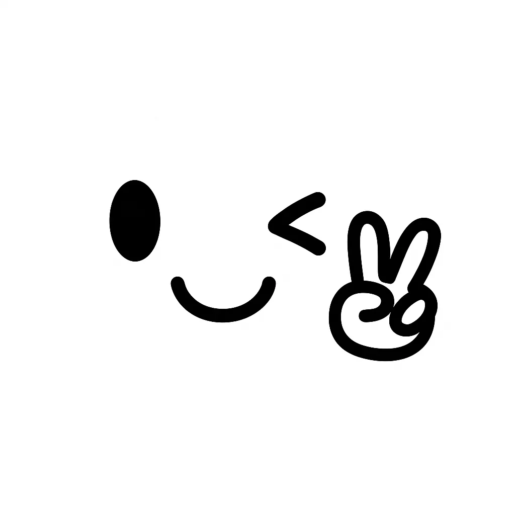 ピース顔文字のミニマルイラスト｜笑顔にピースサインを添えた「ピース顔文字」をモチーフにしたミニマルイラストです。黒線で描かれた手のジェスチャーと明るい表情が特徴で、前向きな印象を与えます。白背景との対比でアイコン性も高く、アスキーアート「( ´ ▽ ` )ﾉ✌︎」の雰囲気をモノクロでスタイリッシュに表現しています。