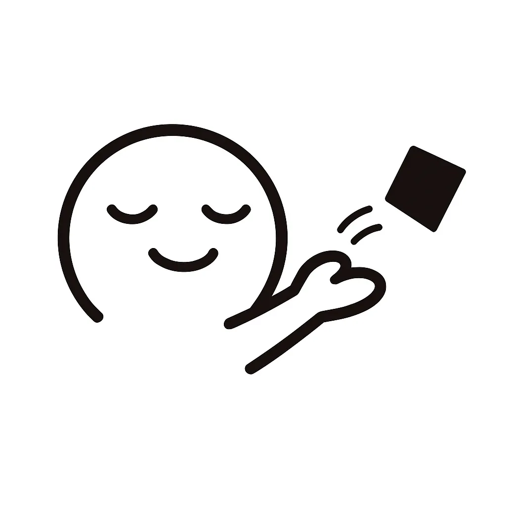 ポイ顔文字のミニマルイラスト｜何かを軽く投げるような「ポイ顔文字」をモチーフにしたミニマルイラストです。手をふわっと放る動作とすっきりした表情が特徴で、気持ちの切り替えや諦めの場面にぴったり。アスキーアート「(　´∀｀)つ ミ」「( ´・ω・)つ□」などの軽快さを再構成しています。