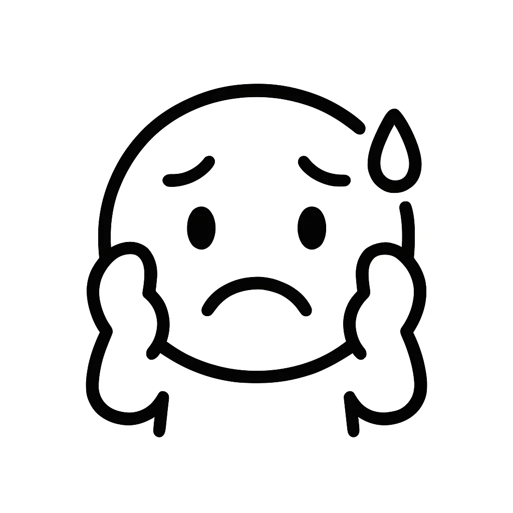 困る顔文字のミニマルイラスト｜戸惑いや対応に困っている「困る顔文字」をテーマにしたミニマルイラストです。申し訳なさそうな目と汗マークのような表現が特徴で、気まずさや焦りをやさしく伝えます。アスキーアート「(；´Д｀)」「(・_・;)」などの空気感をシンプルに再構成しています。