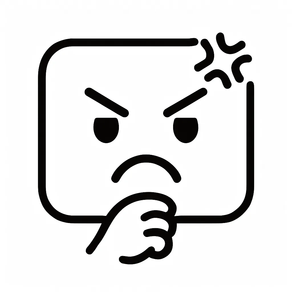 怒る顔文字のミニマルイラスト｜怒りをはっきりと示す「怒る顔文字」を白黒で表現したミニマルイラストです。つり上がった目とへの字口、怒りマーク風のアクセントが特徴で、シンプルながらも感情が強く伝わります。アスキーアート「(｀Д´)」「(`皿´)」の迫力を活かしています。