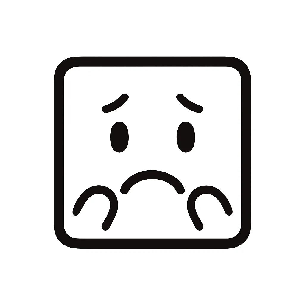 心配顔文字のミニマルイラスト｜相手を案じる「心配顔文字」をテーマにしたモノクロのミニマルイラストです。目を細めて困ったような表情と、少し伏せた眉が特徴で、不安や優しさが伝わるデザイン。アスキーアート「(´･_･`)」「(；・∀・)」などを参考にしています。