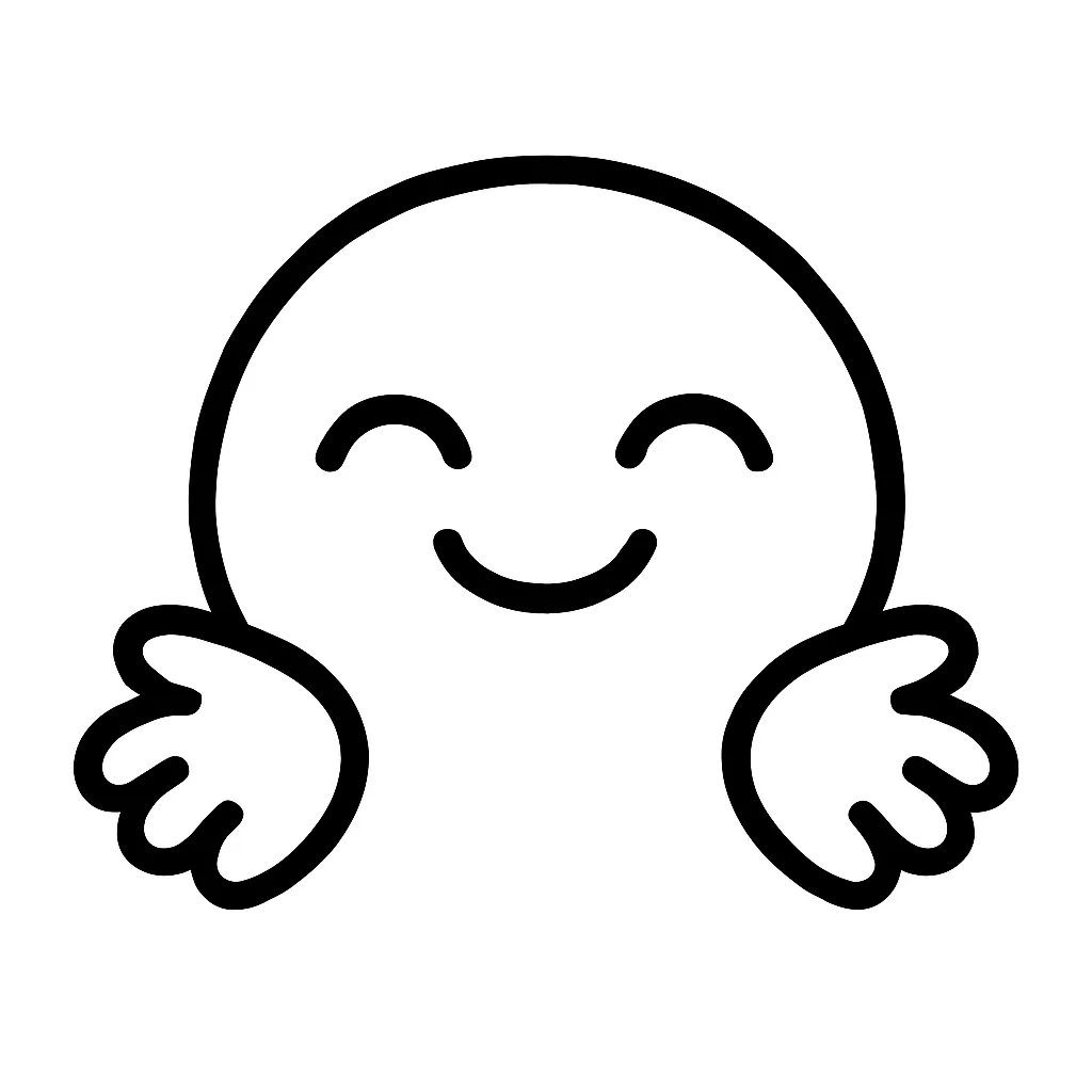 ぎゅー顔文字のミニマルイラスト｜両手を広げて抱きしめるような仕草をした「ぎゅー」顔文字を、モノクロのミニマルデザインで表現したイラストです。笑顔と手の動きで温かさが伝わり、LINEスタンプやギフト系表現にもぴったり。アスキーアート「(つ≧▽≦)つ」の優しさをシンプルに再構成しています。
