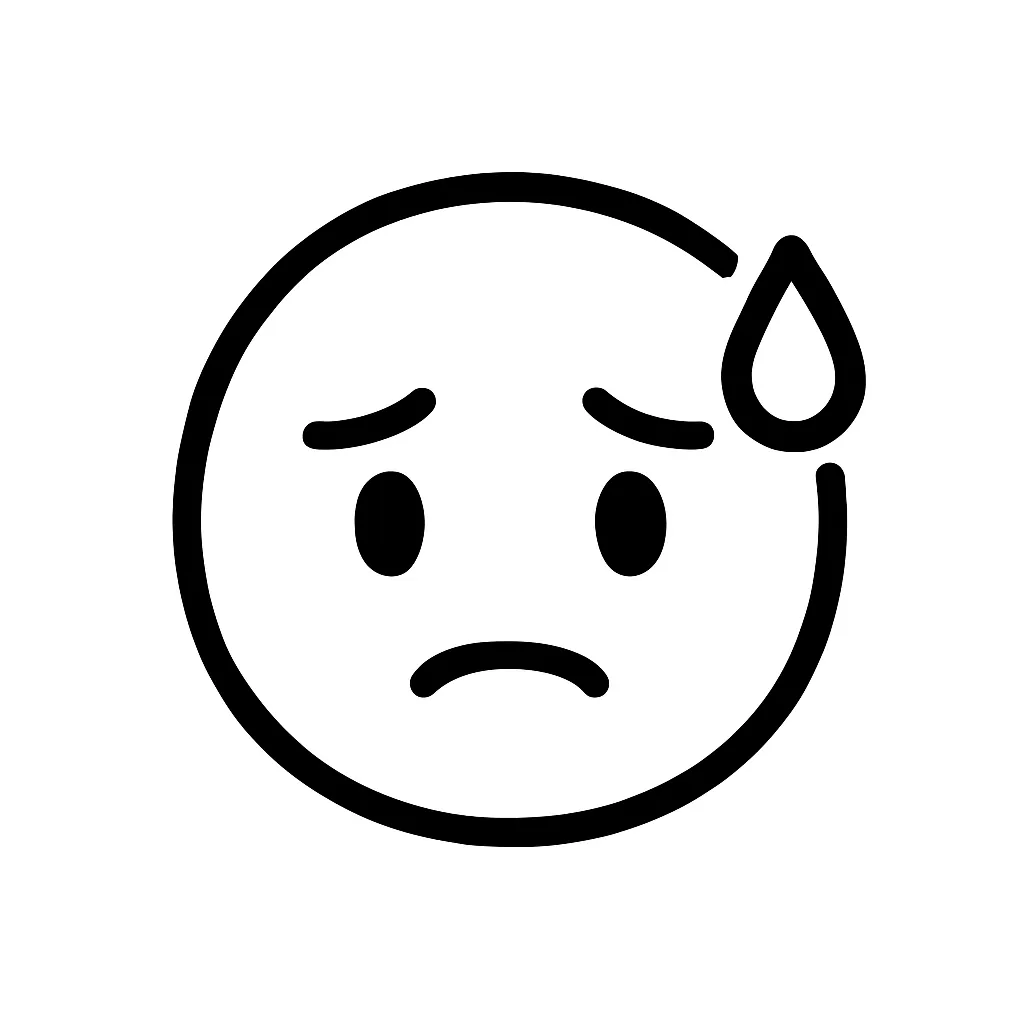 汗顔文字のミニマルイラスト｜緊張や戸惑いの中に一滴の汗がにじむ「汗顔文字」をテーマにしたモノクロのミニマルイラストです。冷や汗の表現とたじろいだような表情が特徴。アスキーアート「(;・∀・)」「(；´∀｀)」などの表情を簡潔に再現しています。