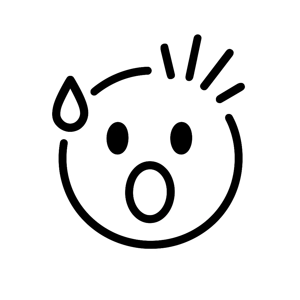 びっくり顔文字のミニマルイラスト｜突然の驚きを表した「びっくり顔文字」をモチーフにしたミニマルイラストです。目を大きく見開いた表情と飛び出した汗が印象的で、リアクションとしても使いやすい表現です。アスキーアート「Σ(ﾟДﾟ)」「(ﾟдﾟ)！」の要素を取り入れています。