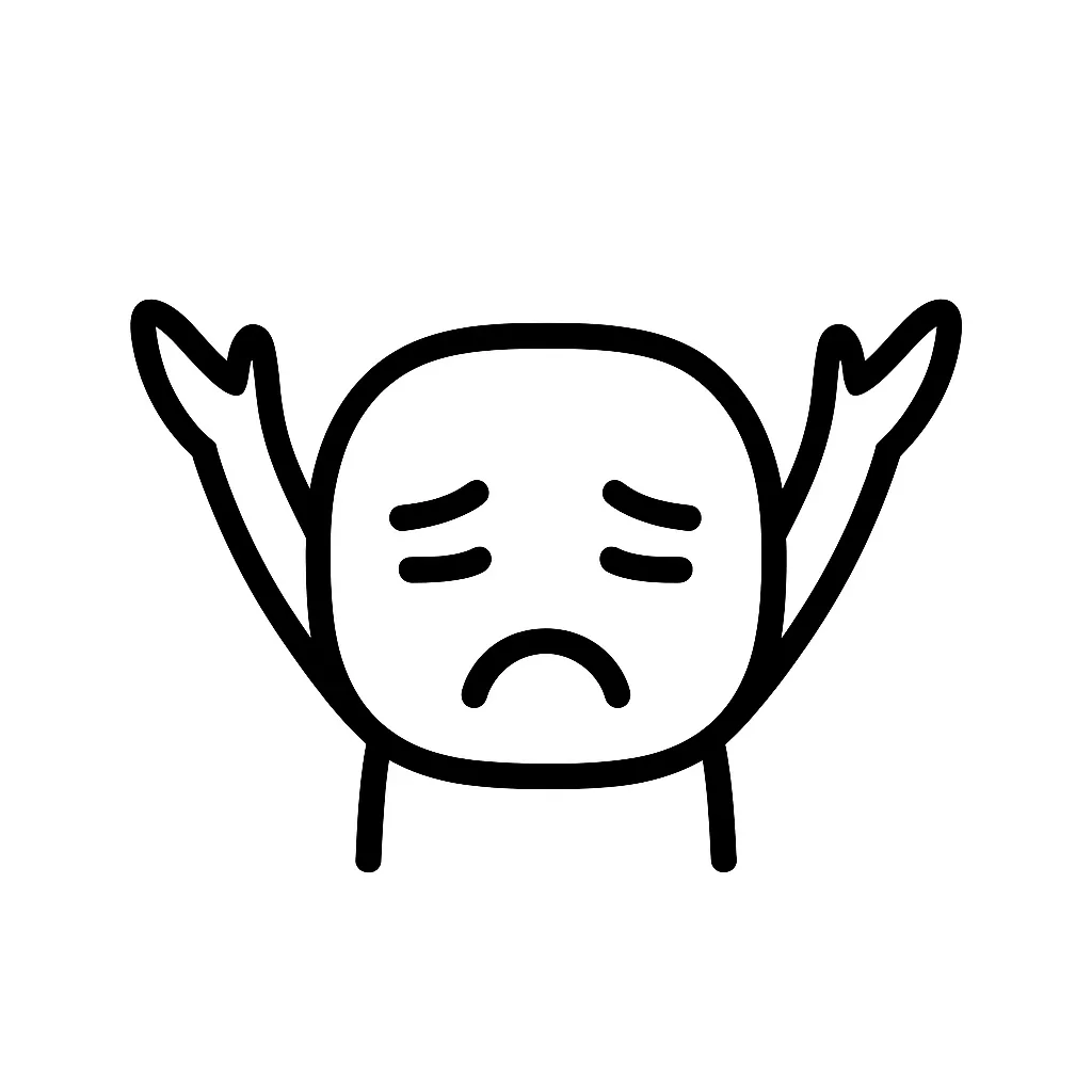 悲しげなポーズの顔文字文字オワタ｜両手を上げた無力感漂うキャラクターが描かれたミニマルな線画スタイル。モノクロで構成され、表情の絶望感が顔文字オワタの象徴として静かに伝わってくるデザイン。