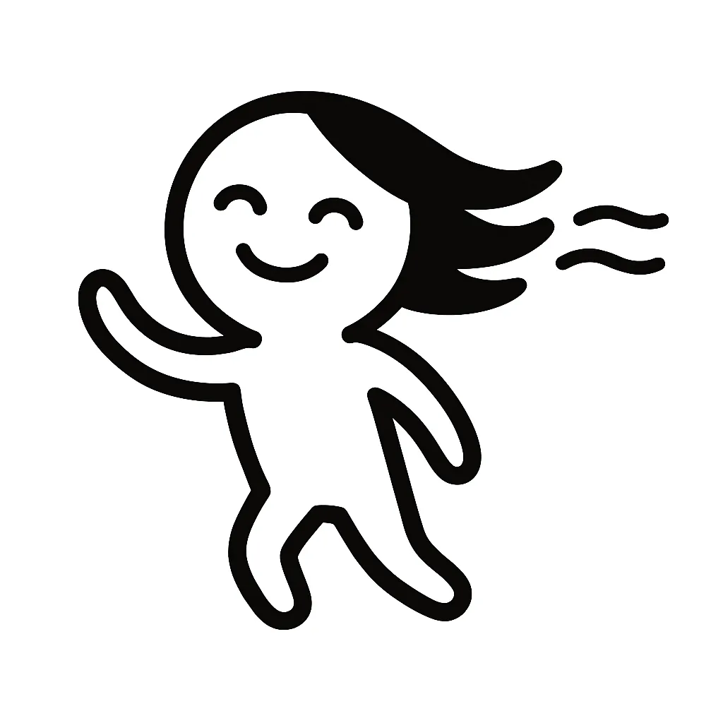 サラサラ顔文字のミニマルイラスト｜髪がなびくような「サラサラ顔文字」をモチーフにしたミニマルイラストです。風になびく動きと表情をシンプルに表現し、「( ´ ▽ ` )ﾉ～」や「(っ´ω`c)~*」などの軽やかな雰囲気を再構成しました。