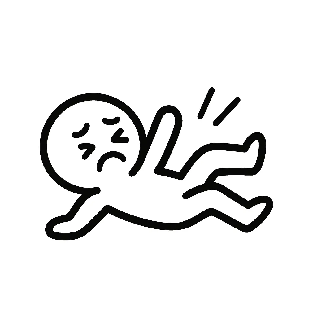 ズコー顔文字のミニマルイラスト｜勢いよく転んだような「ズコー顔文字」をモチーフにしたミニマルイラストです。後方にバランスを崩したポーズで、「(；´Д｀)ズコー」「＿|￣|○」などのズッコケ感をシンプルに再構成しました。