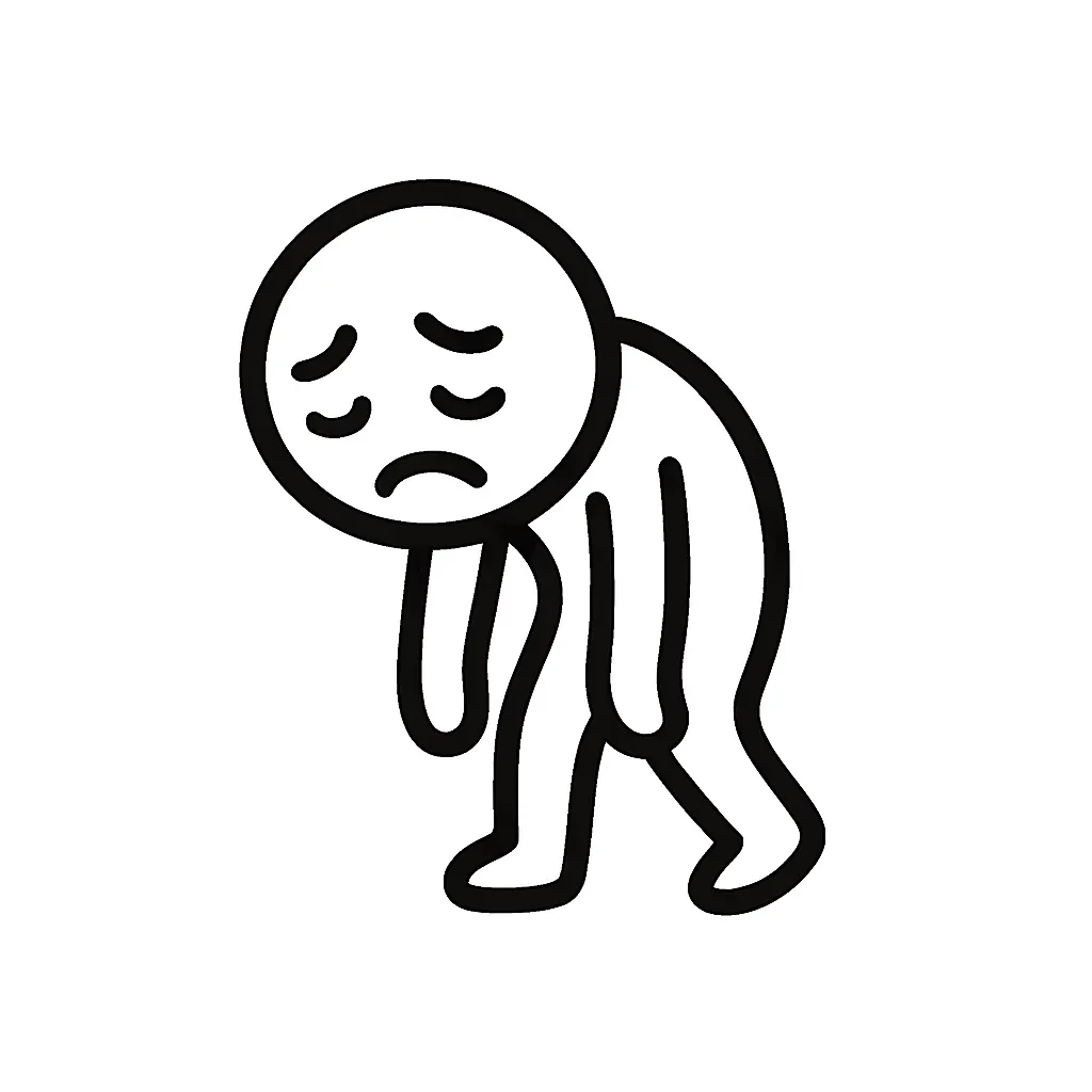 ぐったり顔文字のミニマルイラスト｜疲労で力が抜けたような「ぐったり顔文字」をモチーフにしたミニマルイラストです。脱力したポーズと困り顔で、「( -_-)zzz」「(´△｀)」などのくたびれた雰囲気をミニマルに表現しました。