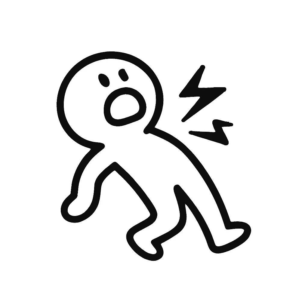 ぐはっ顔文字のミニマルイラスト｜衝撃やダメージを受けた「ぐはっ顔文字」をモチーフにしたミニマルイラストです。口を開けた表情や体をのけぞらせた動きで、「(ﾟДﾟ;)ぐはっ」「(×_×;）」などの一撃リアクションを再構成しました。