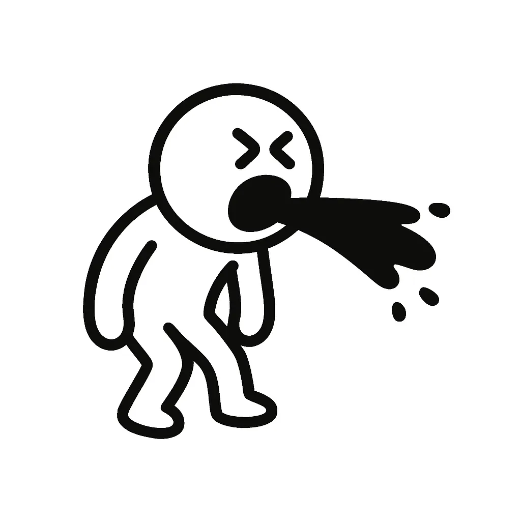 吐血顔文字のミニマルイラスト｜ネタ的に血を吐く「吐血顔文字」をモチーフにしたミニマルイラストです。驚きや衝撃を受けたときのリアクション表現で、「( º﹃º )」「(；ﾟДﾟ)＝◯)`д゜)」などをコミカルに再構成しました。