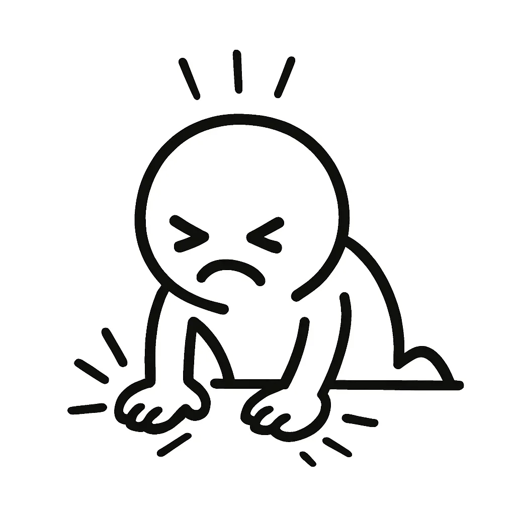 バンバン顔文字のミニマルイラスト｜床や何かをバンバン叩くような「バンバン顔文字」をモチーフにしたミニマルイラストです。怒りや悔しさ、笑いのツボなど感情爆発の勢いを手の動きで再構成しました。