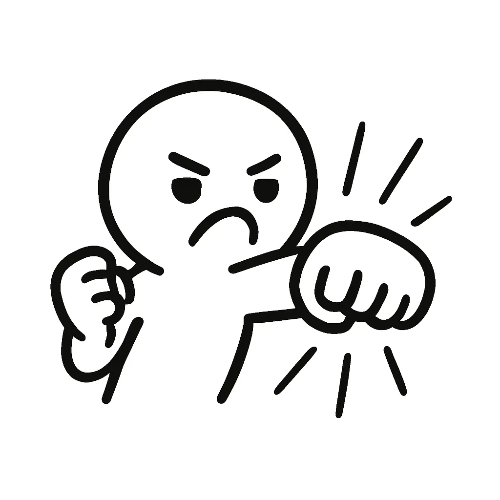 殴る顔文字のミニマルイラスト｜ネタ的に拳を振り上げた「殴る顔文字」をモチーフにしたミニマルイラストです。力強いポーズと集中線で、「( ｀ー´)ノ」「( ‘д‘⊂彡☆))Д´)」などをコミカルに再構成しています。