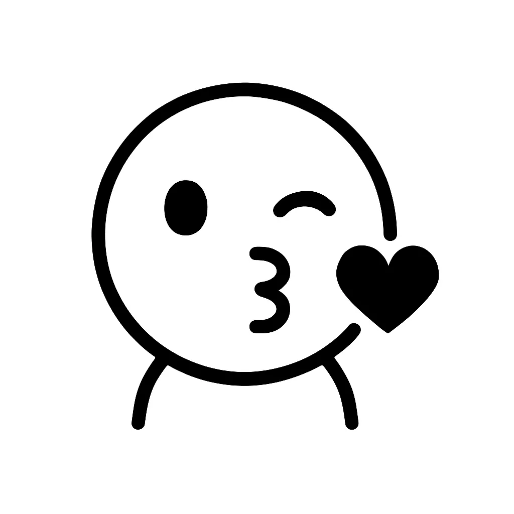 キス顔文字のミニマルイラスト｜キスや投げキッスの表情をモチーフにした、モノクロのシンプルで愛らしい顔文字イラストです。すぼめた唇とウインク、ハートの吹き出しで想いを表現。恋愛系スタンプやメッセージにぴったりです。アスキーアート「(っ´з`)ﾉ⌒♥」の雰囲気を軽やかに再構築しています。