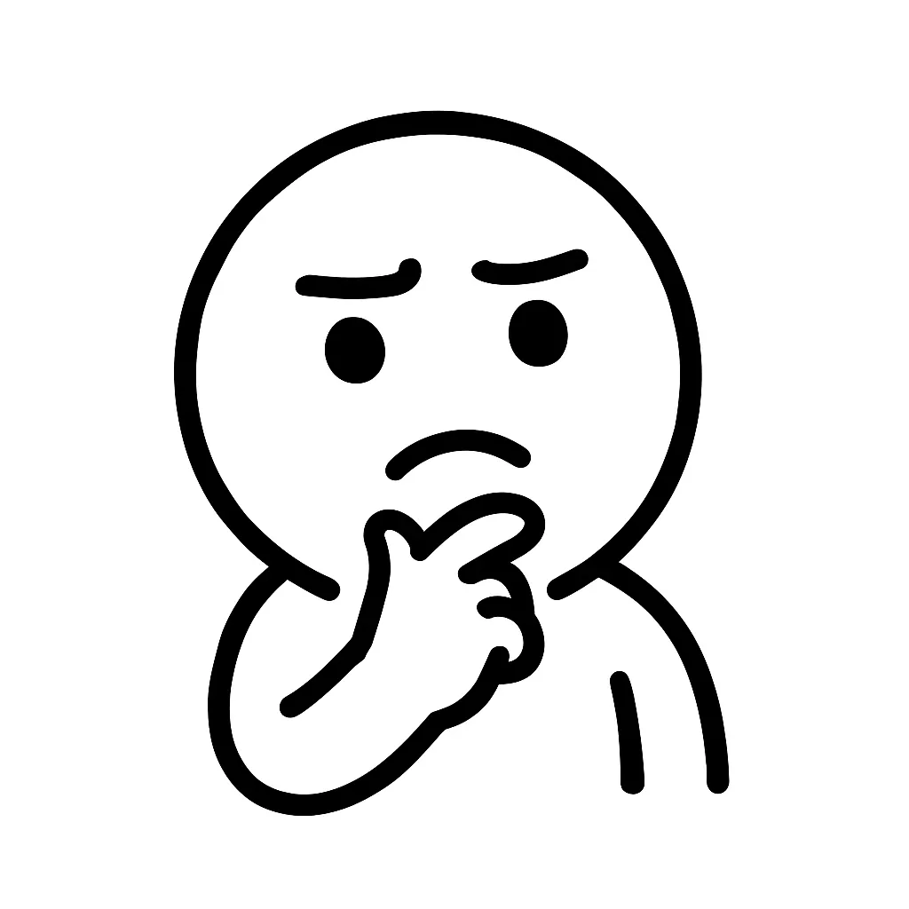 考える顔文字のミニマルイラスト｜考え込むような表情の「考える顔文字」をモチーフにしたミニマルイラストです。顎に手を添えたポーズと下がり眉で、「(￣～￣)」「(－‸ლ)」などの思案中の雰囲気を表しました。