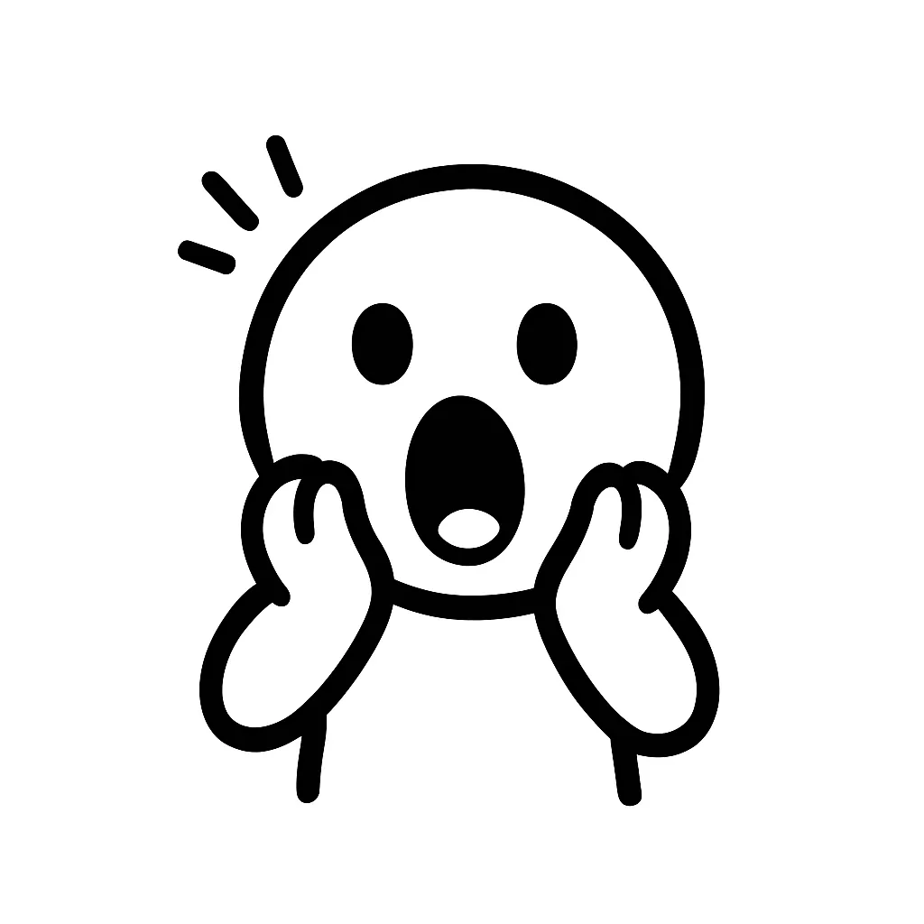キャー顔文字のミニマルイラスト｜驚きや叫び声をあげる「キャー顔文字」をモチーフにしたミニマルイラストです。大きく開いた口と頬に添えた両手で、「(((；ﾟДﾟ)))」「(◎_◎;)キャー！」のような反応を再構成しました。