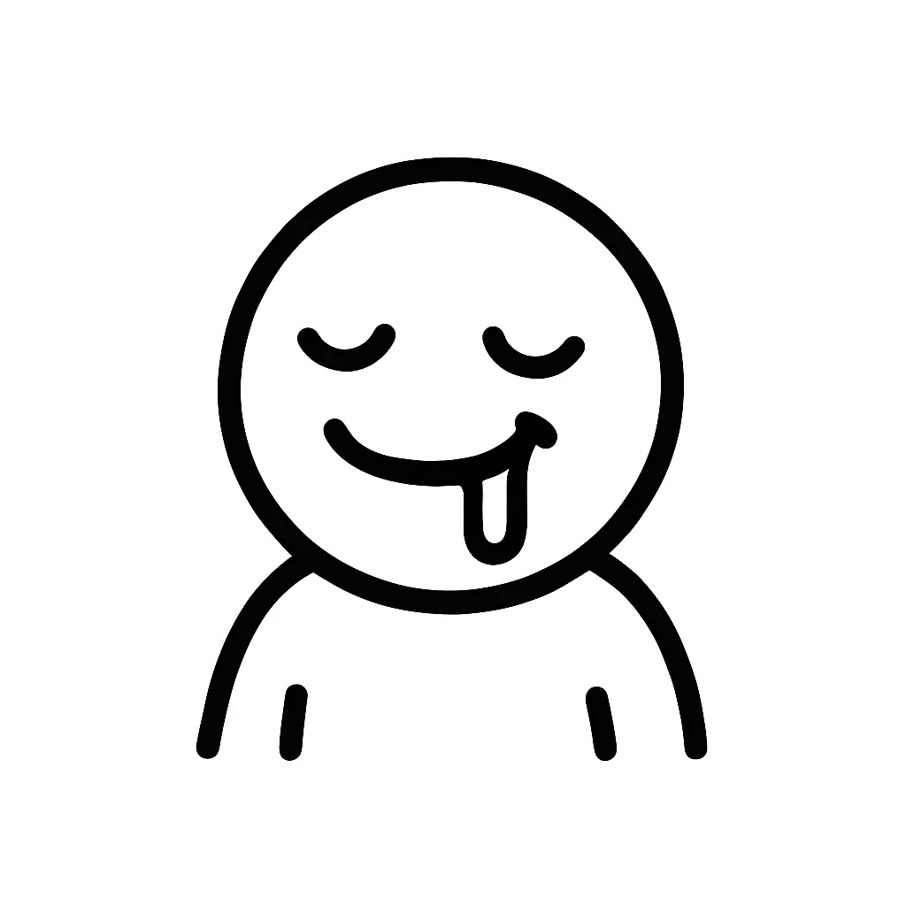 よだれ顔文字のミニマルイラスト｜うっとりとよだれを垂らす「よだれ顔文字」をモチーフにしたミニマルイラストです。にんまり笑顔と垂れる線で、「(ﾟ￢ﾟ)」「(*´﹃｀*)」などの欲望系リアクションをコミカルに表現しました。