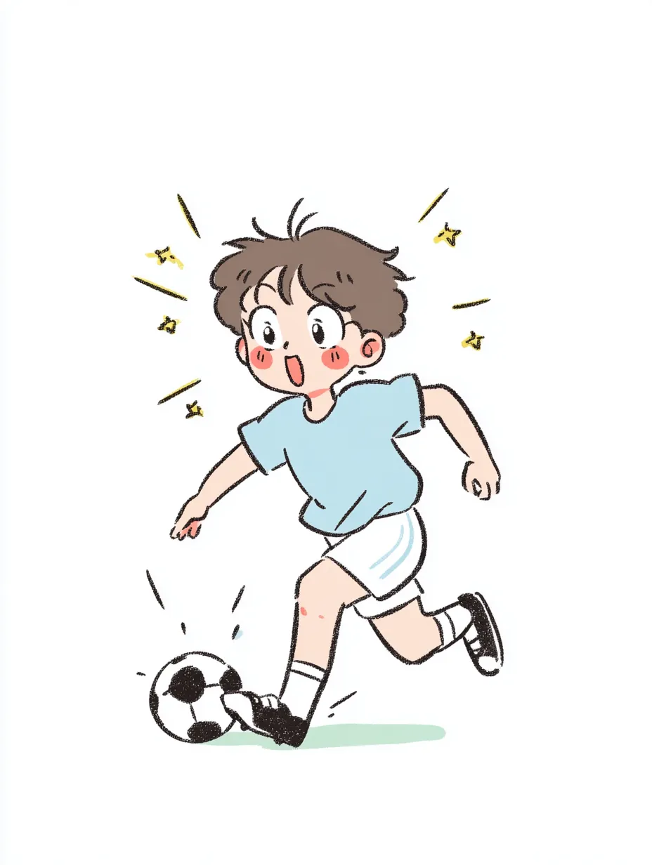 やる気デフォルメのサッカー少年｜サッカーを楽しむ少年が元気にボールを蹴る姿を描いたやる気デフォルメのイラスト。線は柔らかく、動きのあるポーズと星の装飾で活発なエネルギーを演出している。