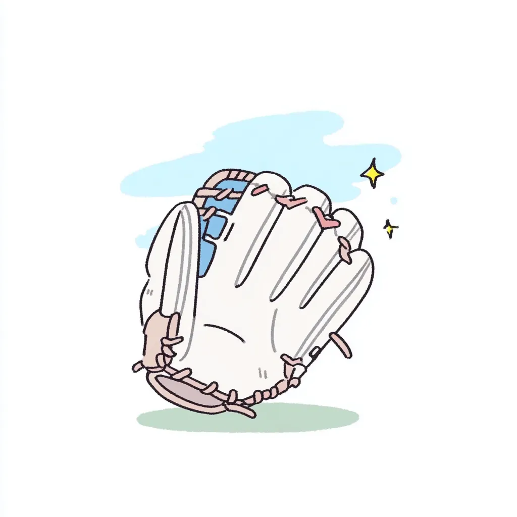 やる気デフォルメの野球グローブ｜やる気デフォルメの野球グローブが温かみあるタッチで描かれている。柔らかな配色と曲線的なフォルムにより、道具に対する愛着や安心感を表している。