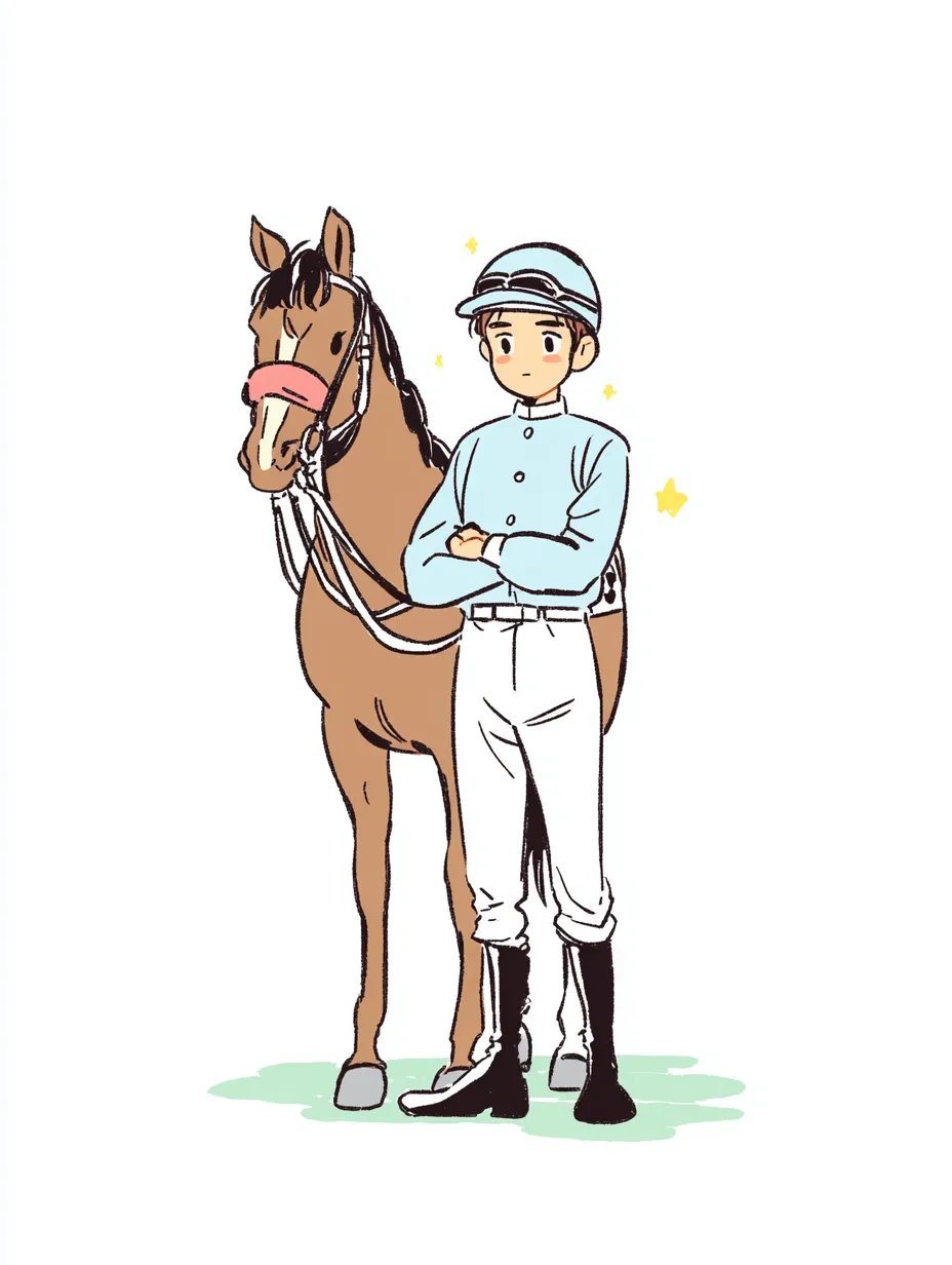やる気デフォルメの騎手と馬｜競馬をテーマにした騎手と馬のイラスト。淡い配色とシンプルな線で構成され、安心感と信頼関係を感じさせるデザイン。やる気デフォルメの雰囲気で表現。