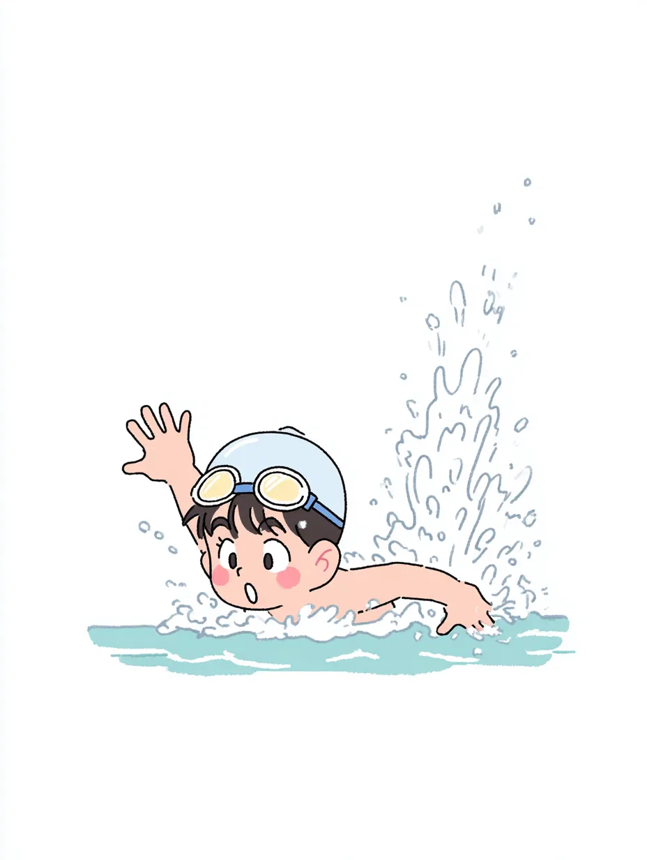 やる気デフォルメのバタフライ練習｜水泳中の少年がバタフライの動きを見せるイラスト。勢いのある水しぶきと大きな動作で、やる気デフォルメの迫力ある瞬間を描写。