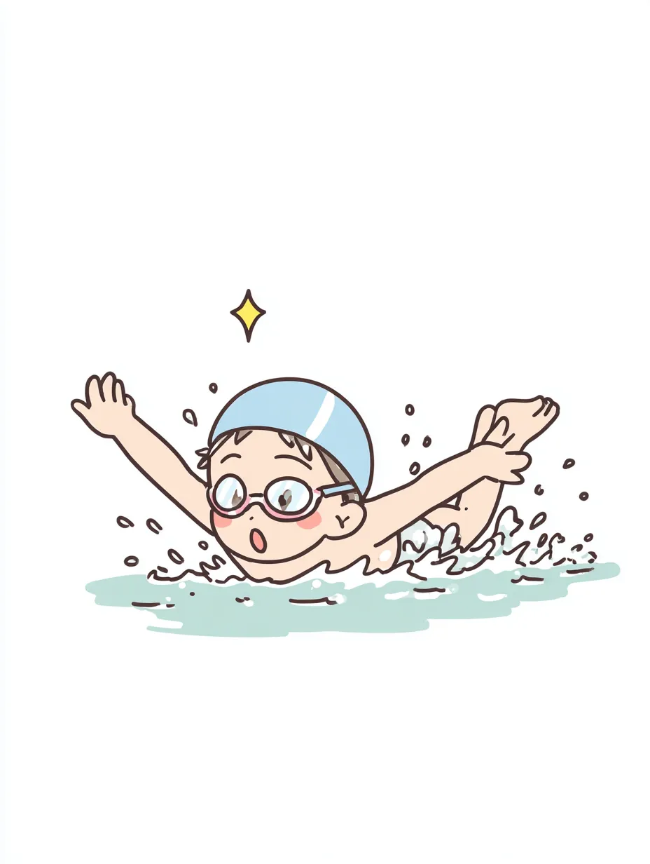 やる気デフォルメのバタフライ少年｜水しぶきを跳ね上げながらバタフライで泳ぐ少年の姿を、力強くも愛らしく描写。やる気デフォルメの勢いと挑戦心が全体に表れている。