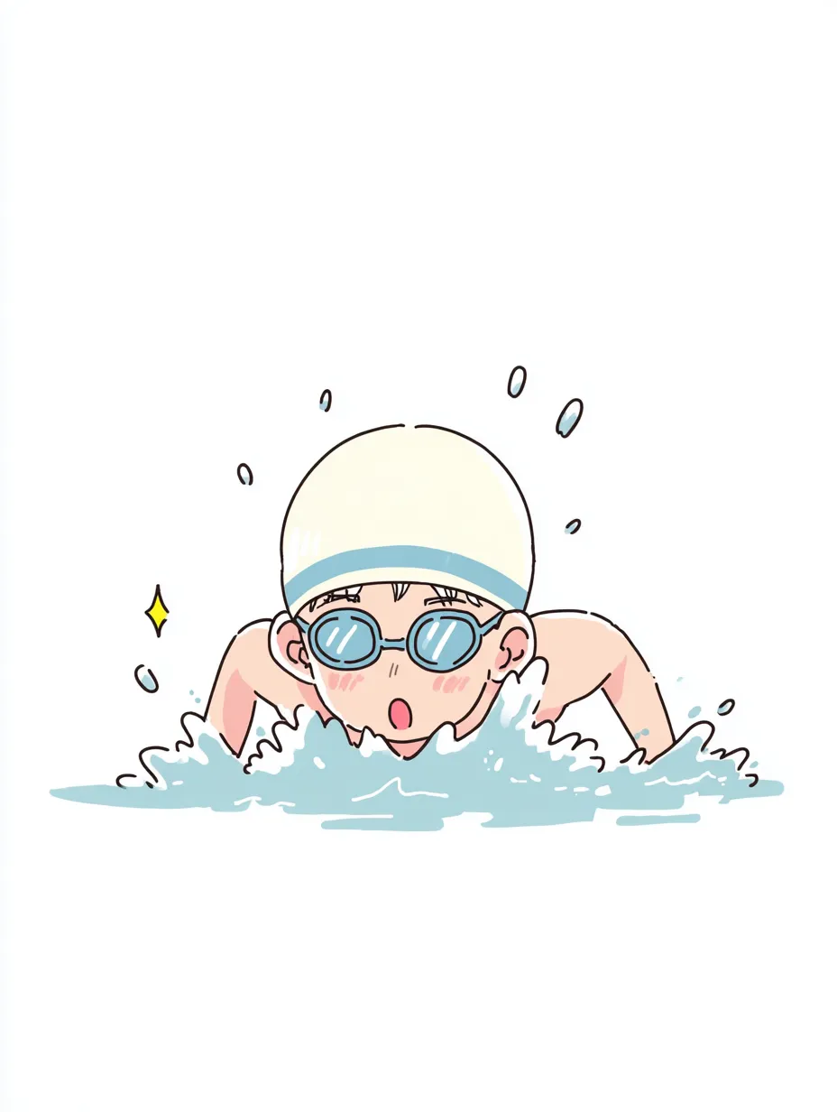やる気デフォルメの本気バタフライ｜真剣な表情で水面を切るように泳ぐバタフライ姿の少年。やる気デフォルメの真面目さと努力の姿勢を丁寧に表現したイラスト。