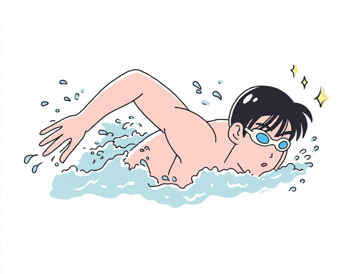 やる気デフォルメの力強いクロール｜力強くかつスムーズに水をかくクロールのフォームが特徴。やる気デフォルメのスタイルでスポーティかつ爽快な印象に仕上げている。