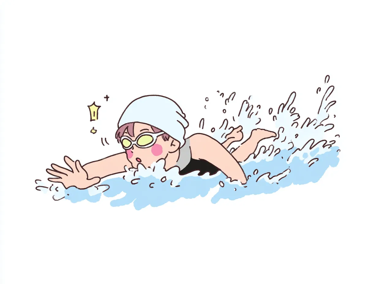 やる気デフォルメの爽快クロール少女｜キュートな表情の女の子が水をかき分けるクロール姿。水の動きと勢いに、やる気デフォルメの活発さと元気な雰囲気が溢れている。