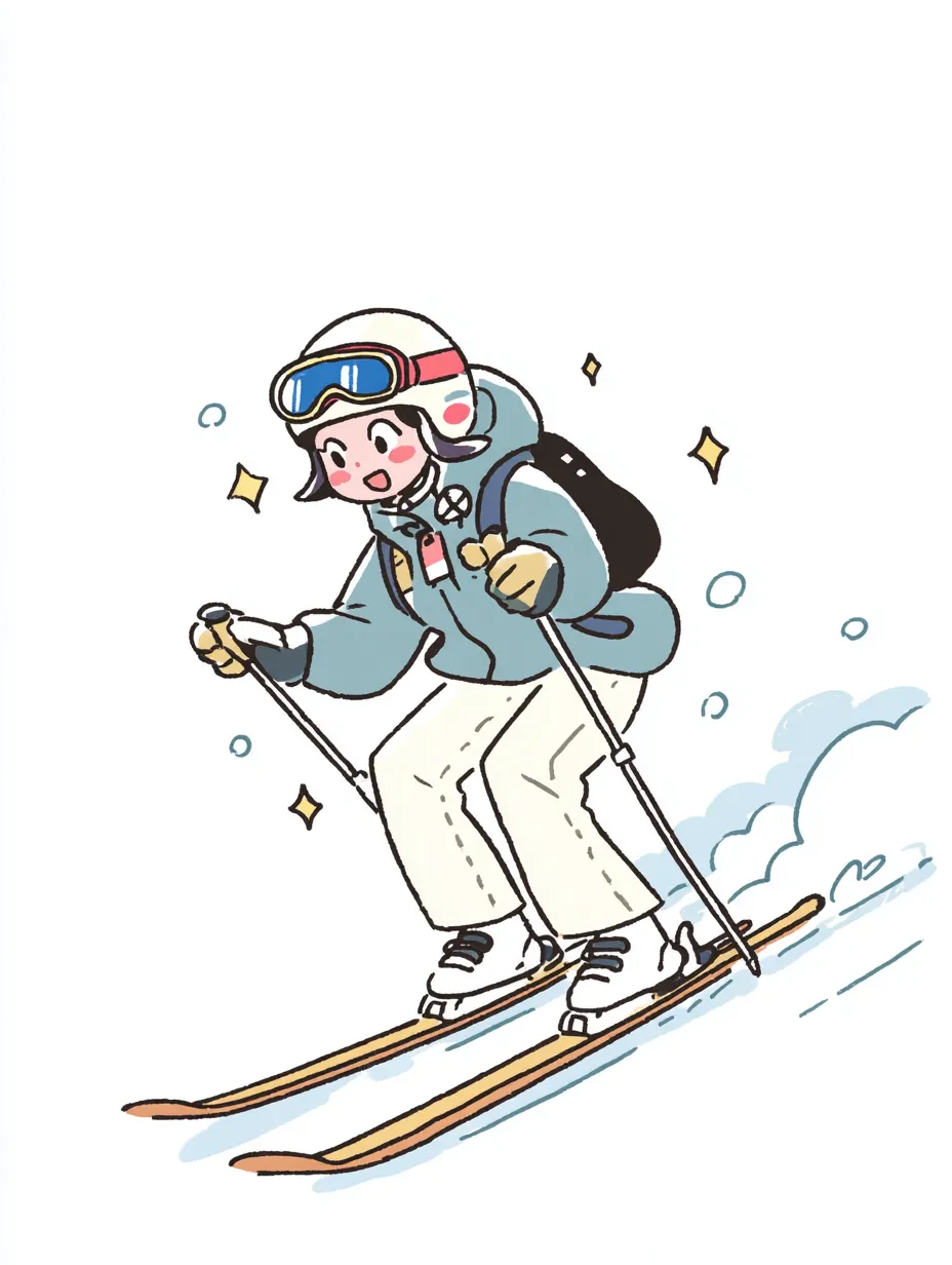 やる気デフォルメの滑走スキーヤー｜スピード感のある滑りと明るい表情が際立つスキーヤー。雪の中を駆ける動きにやる気デフォルメの元気さと冬の楽しさが表現されている。