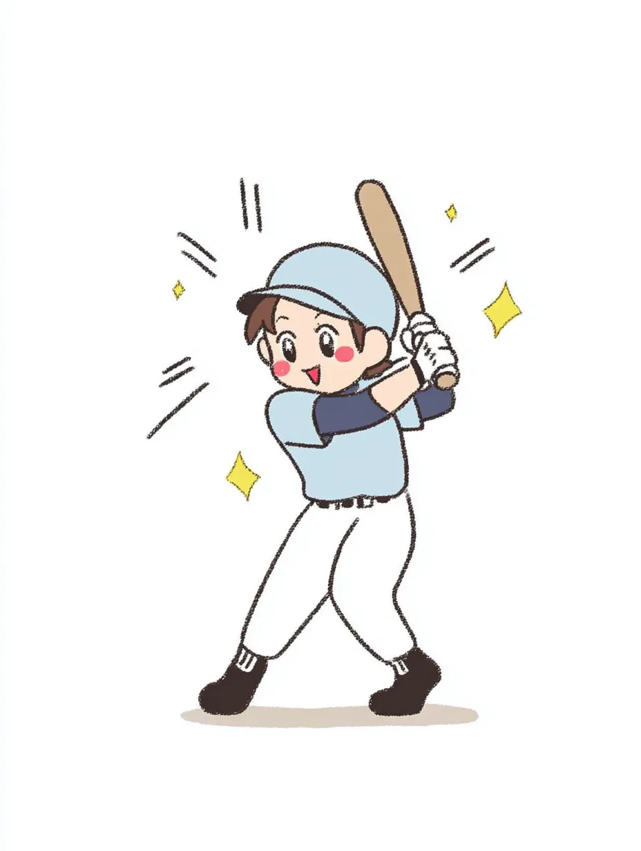 やる気デフォルメの野球選手バッター｜バットを構えた野球選手を描いたやる気デフォルメのイラスト。動きのある線と光の演出が、プレイ前の高揚感と集中力を自然に表している。