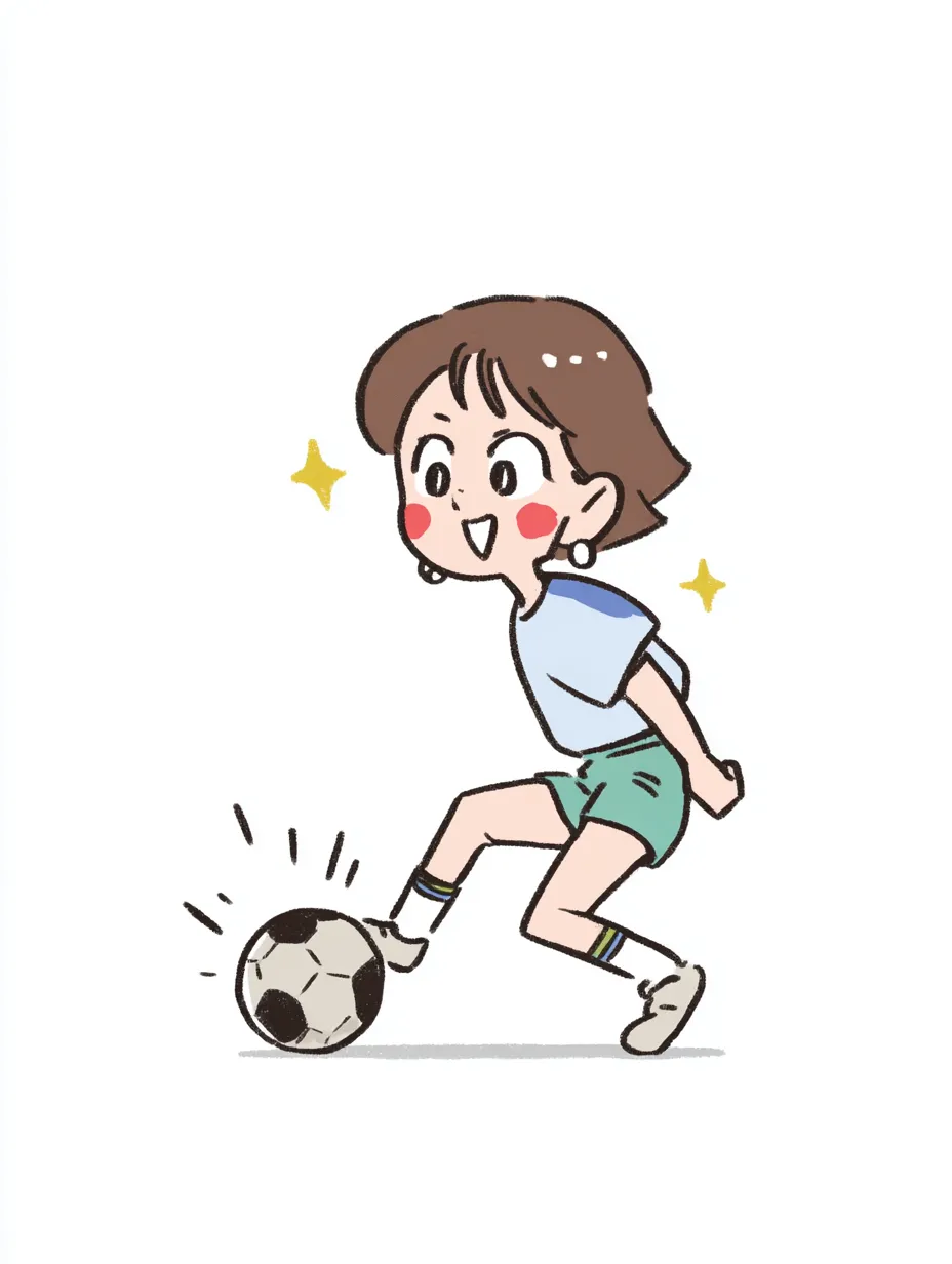 やる気デフォルメのサッカー少女｜やる気デフォルメのサッカー少女が笑顔でプレーするシーン。明るく軽快な色合いとシンプルな線画が、親しみやすくポジティブな雰囲気を伝えている。
