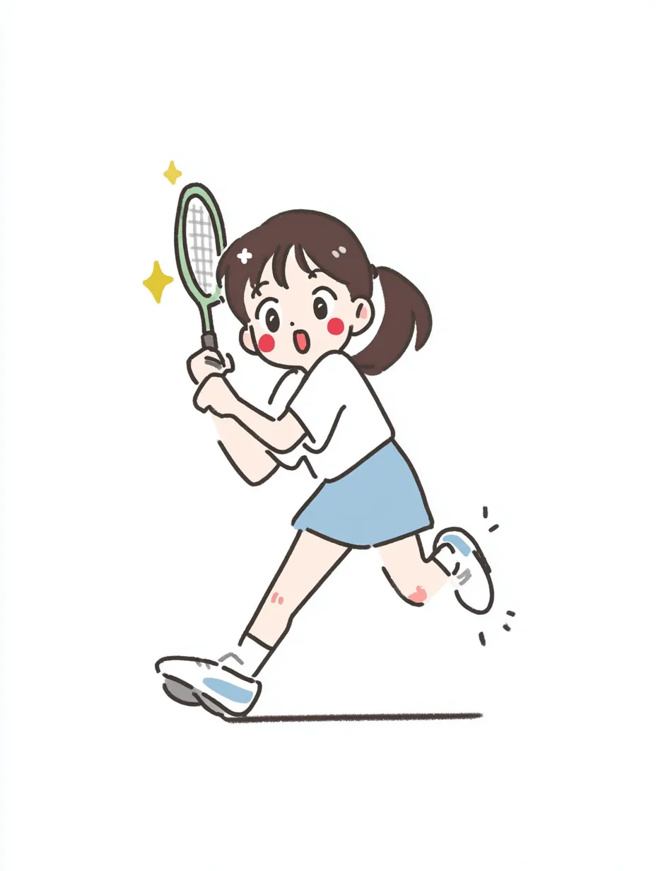 やる気デフォルメのテニス少女（走り）｜元気いっぱいに走る女の子をモチーフにしたやる気デフォルメのテニスイラスト。手描き風の柔らかい線と、ほんのり赤い頬が活力を感じさせる。シンプルな配色と動きのあるポーズが、軽快さと前向きな印象を与えるデザイン。