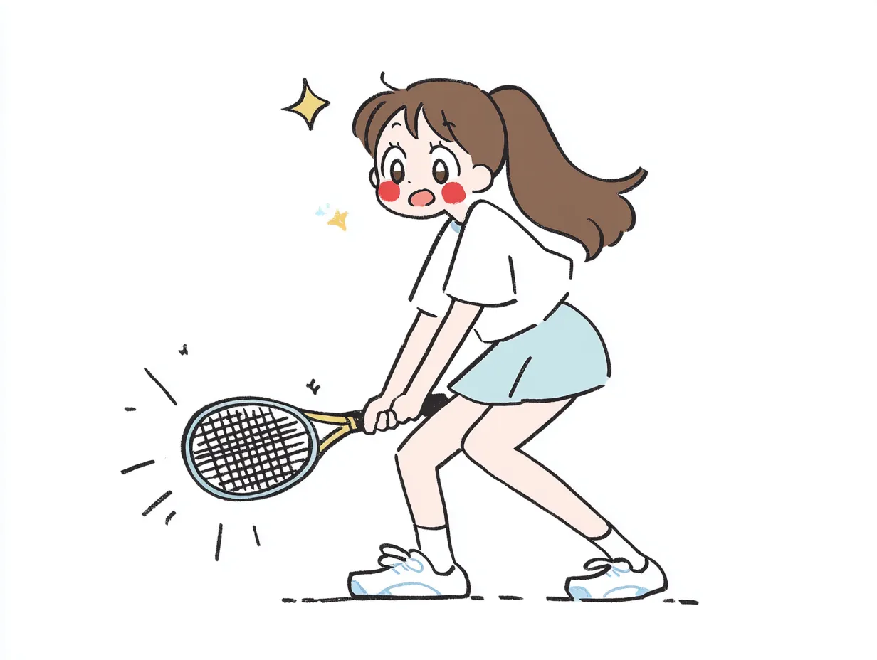 やる気デフォルメのテニス少女（構え）｜ラケットを構え集中した表情が印象的な、やる気デフォルメのテニスシーン。落ち着いた色合いと緩やかな曲線で描かれており、力強さよりも親しみやすさとやる気を感じさせる温かみのある仕上がり。