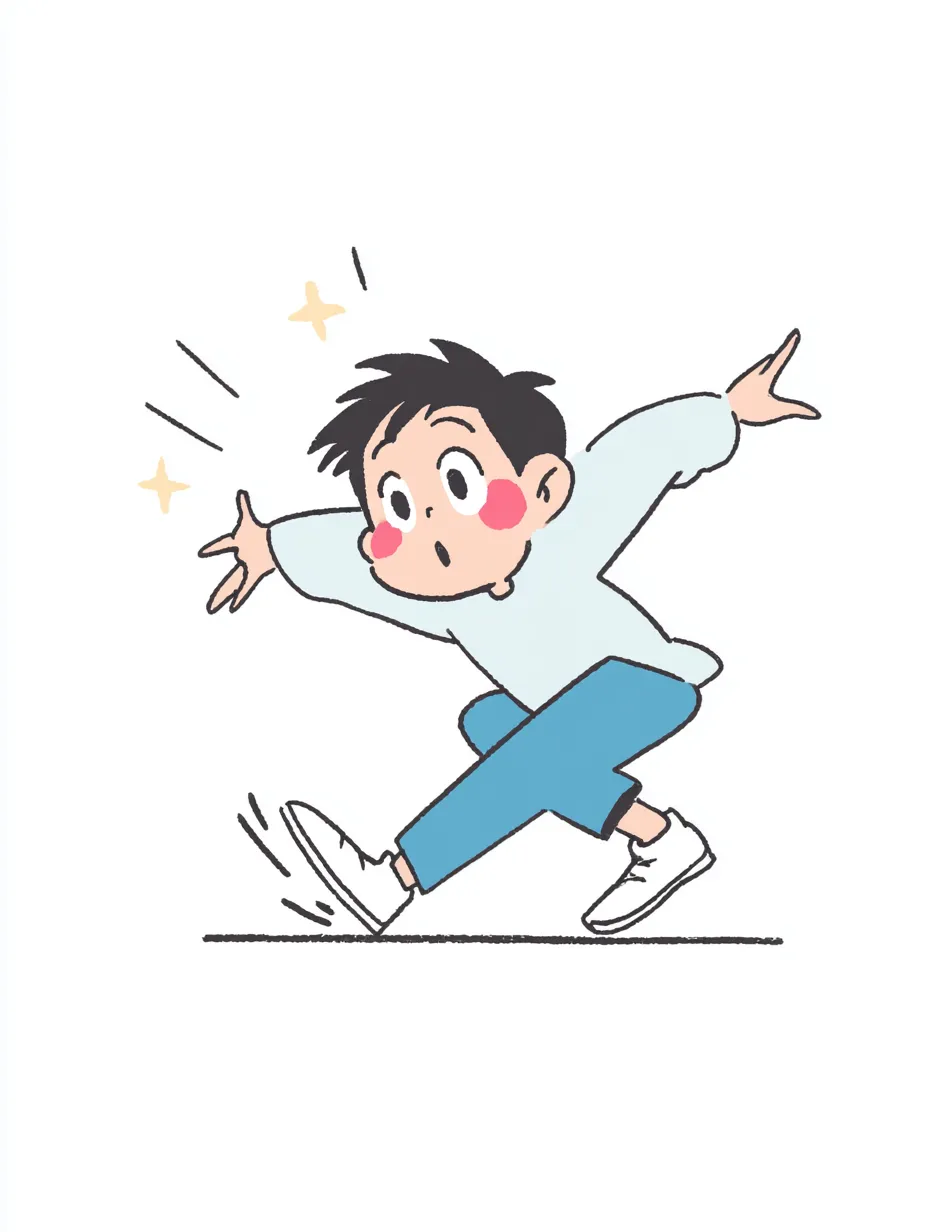 やる気デフォルメのダンス少年（ステップ）｜動きのあるポーズが印象的なやる気デフォルメのダンスイラスト。軽快な足運びと驚いたような表情が、勢いと表現力の両立を感じさせる。ラフな配色と太めの線が元気な印象を後押しする。