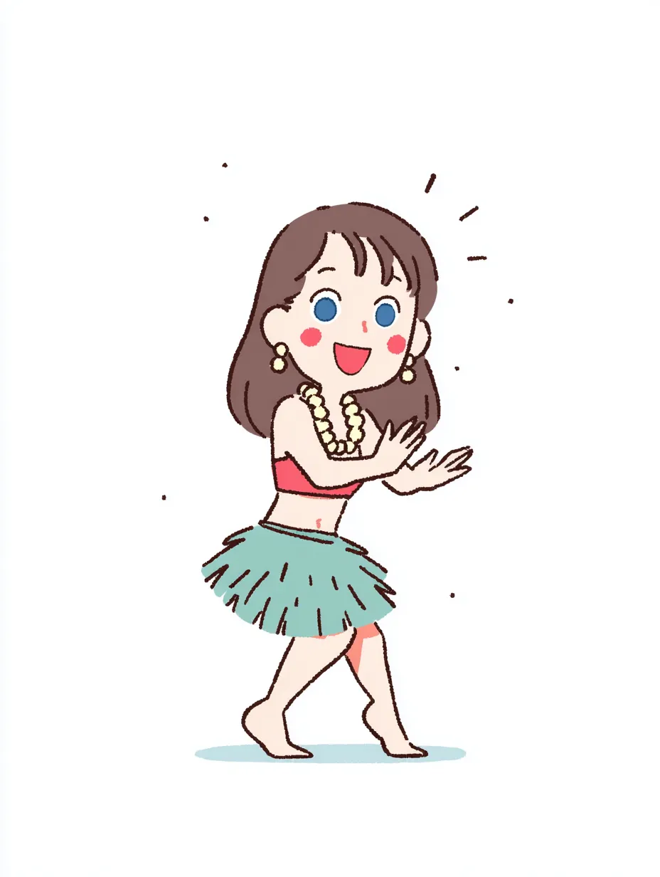 やる気デフォルメのフラダンス少女（ブルーアイ）｜大きな青い瞳と花飾りが目を引くやる気デフォルメのフラダンスキャラ。南国風のスカートやアクセサリーが雰囲気を演出し、明るく開放的な空気感と踊りへの意欲が伝わってくる仕上がり。