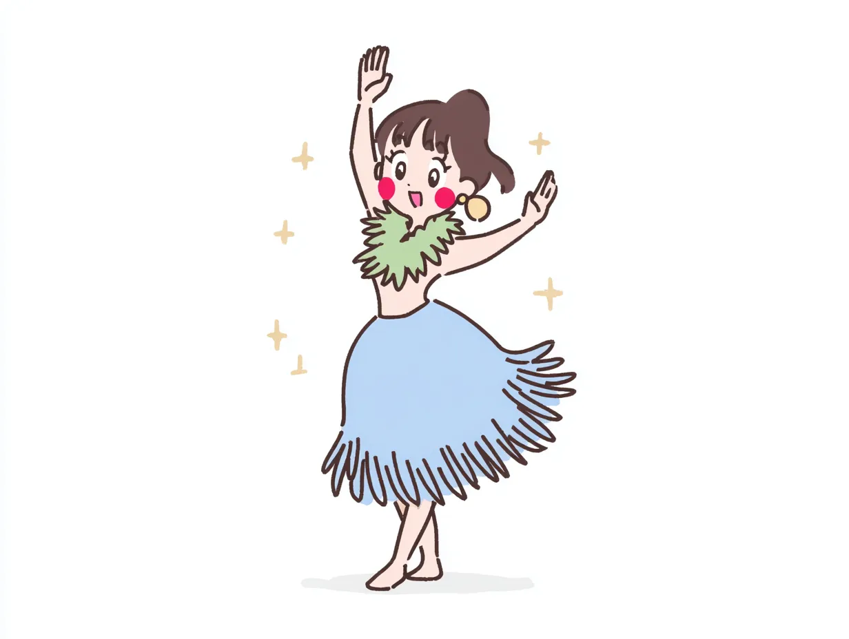 やる気デフォルメのフラダンス少女（ポーズ）｜手の動きと表情から喜びがにじむやる気デフォルメのフラダンスイラスト。ふんわり広がるスカートや葉の飾りが、自然との調和やリズム感を軽やかに表している。やる気を感じさせるポージングも魅力。