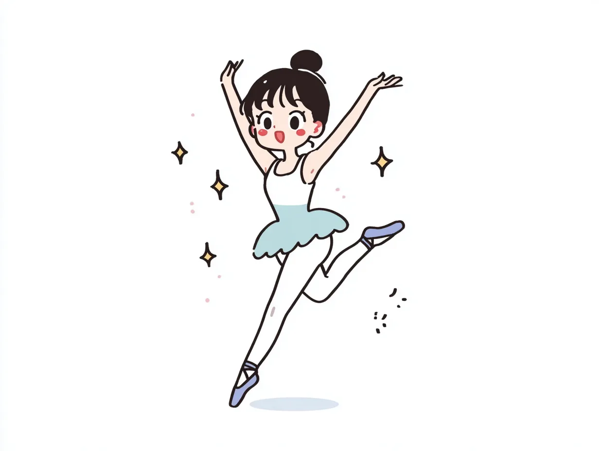 やる気デフォルメのバレエ少女（ジャンプ）｜軽やかなジャンプと伸びやかなポーズが美しいやる気デフォルメのバレエイラスト。スカートの動きやキラキラの演出が躍動感と優雅さを両立させ、努力と情熱が感じられる仕上がり。