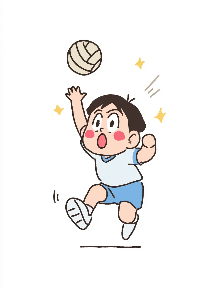 やる気デフォルメのハンドボール少年（ジャンプ）｜勢いよくジャンプしながらシュートを狙う姿が印象的なやる気デフォルメのハンドボールイラスト。シンプルな線で描かれたキャラが臨場感を高め、スポーツの楽しさと前向きな気持ちを引き出している。