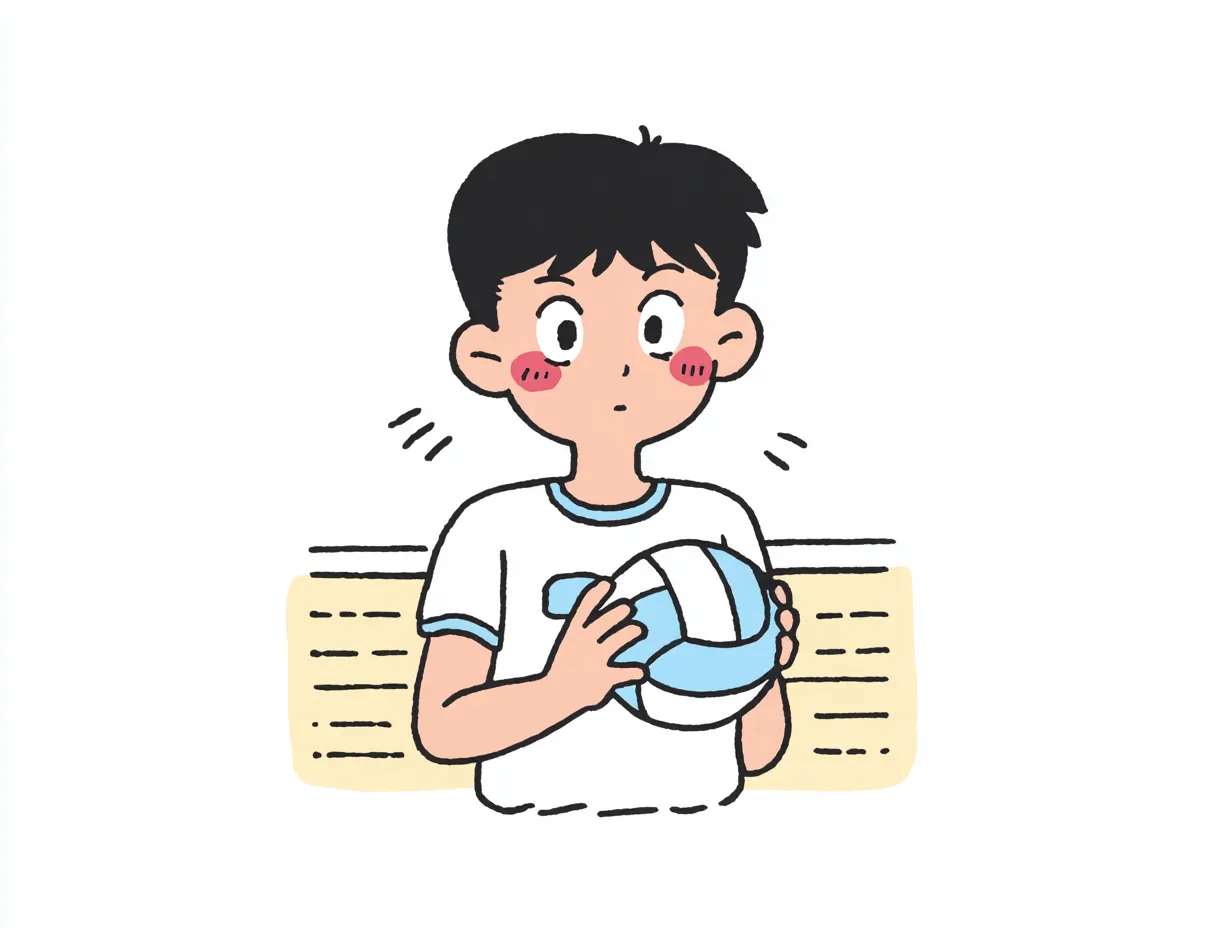 やる気デフォルメのハンドボール少年（構え）｜少し緊張した面持ちでボールを構えるやる気デフォルメのハンドボールシーン。背景のラインや色使いがさりげなく試合の場面を感じさせ、真剣に挑む姿勢に共感を呼ぶビジュアルに仕上がっている。